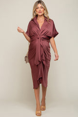 Mauve Satin Button Down Gathered Maternity Midi Dress