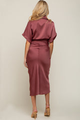 Mauve Satin Button Down Gathered Maternity Midi Dress