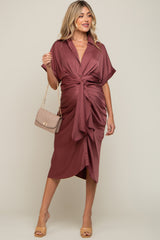 Mauve Satin Button Down Gathered Maternity Midi Dress