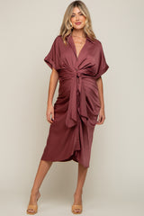 Mauve Satin Button Down Gathered Maternity Midi Dress