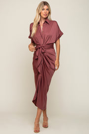 Mauve Satin Button Down Gathered Midi Dress