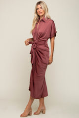 Mauve Satin Button Down Gathered Midi Dress