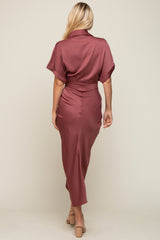 Mauve Satin Button Down Gathered Midi Dress