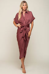 Mauve Satin Button Down Gathered Midi Dress