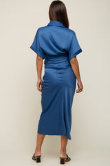 Navy Satin Button Down Gathered Maternity Midi Dress