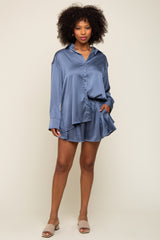 Blue Satin Button Down Short Sleep Set