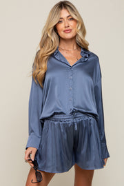 Blue Satin Button Down Maternity Short Sleep Set