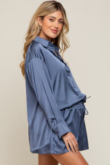 Blue Satin Button Down Maternity Short Sleep Set