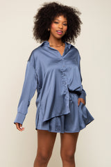 Blue Satin Button Down Short Sleep Set