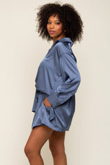 Blue Satin Button Down Short Sleep Set