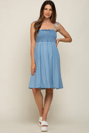 Blue Chambray Smocked Shoulder Tie Maternity Dress