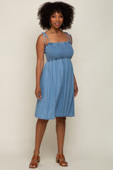 Blue Chambray Smocked Shoulder Tie Maternity Dress