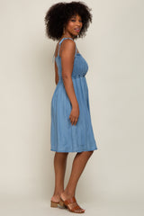 Blue Chambray Smocked Shoulder Tie Dress