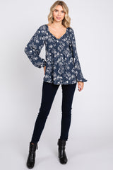 Navy Floral Sweetheart Neck Long Sleeve Top