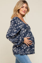 Navy Floral Sweetheart Neck Long Sleeve Maternity Top