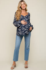 Navy Floral Sweetheart Neck Long Sleeve Maternity Top