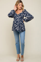 Navy Floral Sweetheart Neck Long Sleeve Maternity Top