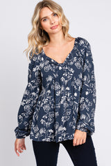 Navy Floral Sweetheart Neck Long Sleeve Maternity Top