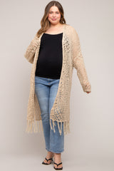 Beige Crochet Fringe Hem Maternity Plus Cardigan