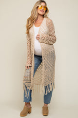 Beige Crochet Fringe Hem Maternity Cardigan