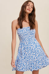 Blue Floral Print Smocked Tube Dress With Back Tie