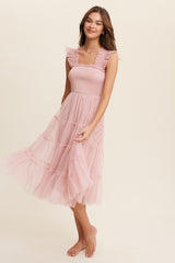 Mauve Smocked Ruffle Tiered Mesh Midi Maxi Dress