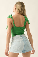 Kelly Green Solid V Neck Tie Shoulder Strap Bodysuit