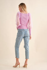 Pink Rib Knitted Organza Puff Sweater Top