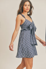 Navy Plaid Ruffle Cami Dress With Front Bow