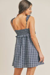 Navy Plaid Ruffle Cami Dress With Front Bow