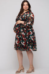 Black Floral Ruffle V-Neck Maternity Plus Dress