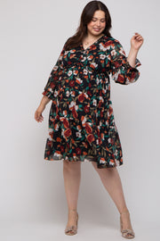 Black Floral Ruffle V-Neck Maternity Plus Dress