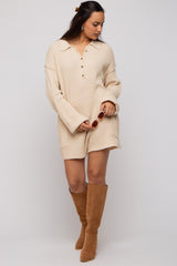 Beige Button Up Maternity Sweater Romper