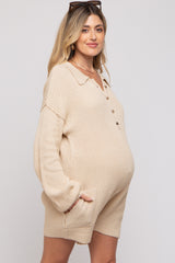 Beige Button Up Maternity Sweater Romper