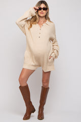 Beige Button Up Maternity Sweater Romper