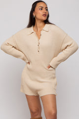 Beige Button Up Sweater Romper