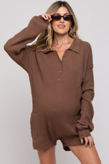 Mocha Button Up Maternity Sweater Romper