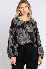 Black Floral V-Neck Long Sleeve Blouse