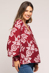 Burgundy Floral V-Neck Long Sleeve Maternity Blouse