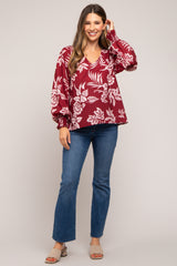 Burgundy Floral V-Neck Long Sleeve Maternity Blouse