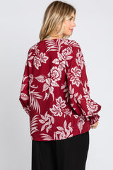 Burgundy Floral V-Neck Long Sleeve Blouse