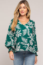 Forest Green Floral V-Neck Long Sleeve Maternity Blouse