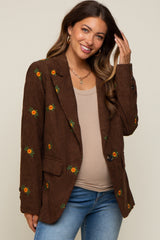 Brown Corduroy Floral Embroidered Maternity Blazer