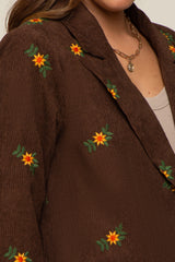 Brown Corduroy Floral Embroidered Maternity Blazer