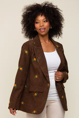 Brown Corduroy Floral Embroidered Maternity Blazer