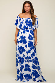 White Floral Off Shoulder Flounce Maternity Maxi Dress