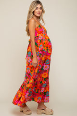 Orange Floral Back Tie Maternity Maxi Dress