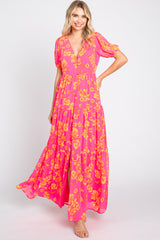 Neon Pink Floral Front Button Tiered Maternity Maxi Dress