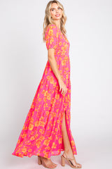 Neon Pink Floral Front Button Tiered Maxi Dress