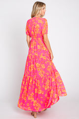 Neon Pink Floral Front Button Tiered Maxi Dress